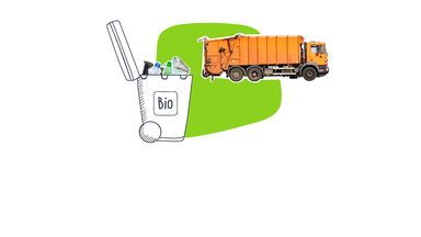 Offene Biomülltonne und Müllwagen