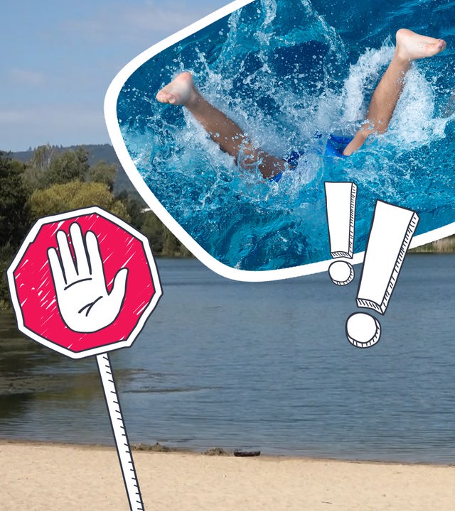 Eine Collage zeigt im Hintergrund einen See, davor ein Warnschild mit erhobener Hand, zwei Ausrufezeichen und ein Foto von einem Kind, das ins Wasser springt.