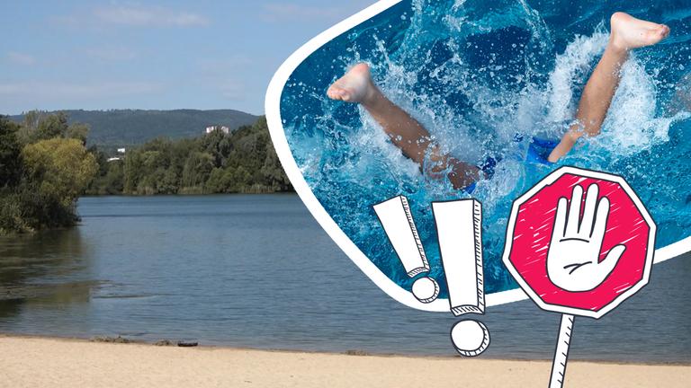 Eine Collage zeigt im Hintergrund einen See, davor ein Warnschild mit erhobener Hand, zwei Ausrufezeichen und ein Foto von einem Kind, das ins Wasser springt.