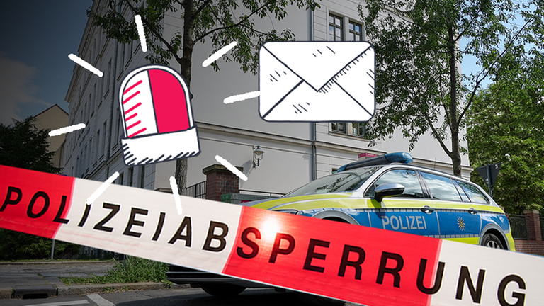 Ein Polizeiauto vor einer Schule, außerdem eine gezeichnete Email, ein gezeichnetes Alarmzeichen + ein Polizeiabsperrband