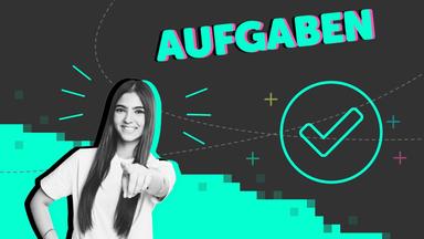 Vor einem Schriftzug mit dem Wort "Aufgaben" ruft eine junge Frau in ein Megafon 