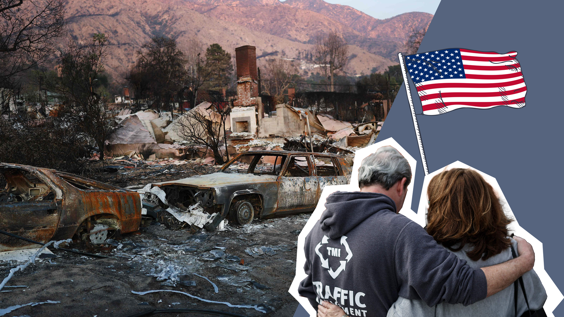 Zwei Menschen stehen vor Trümmern nach Bränden in Los Angeles.