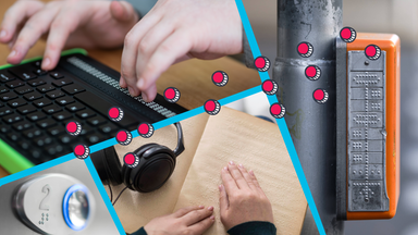 Fotos von Brailleschrift am Computer, in einem Buch, auf einem Ampelkasten und an einem Aufzug, dazu das Wort "Braille" in Brailleschrift.