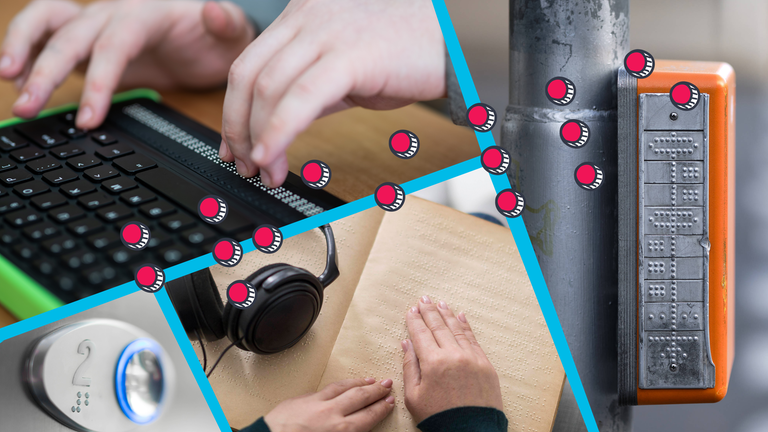 Fotos von Brailleschrift am Computer, in einem Buch, auf einem Ampelkasten und an einem Aufzug, dazu das Wort "Braille" in Brailleschrift.