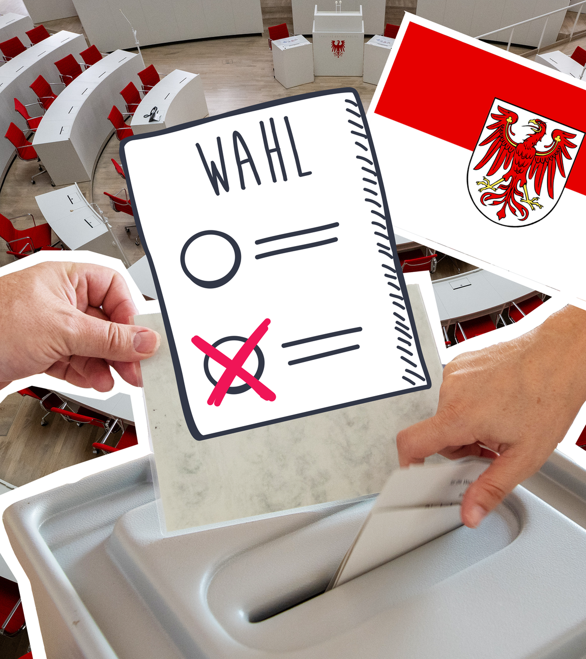 Landtag in Brandenburg mit Wahlurne und Flagge
