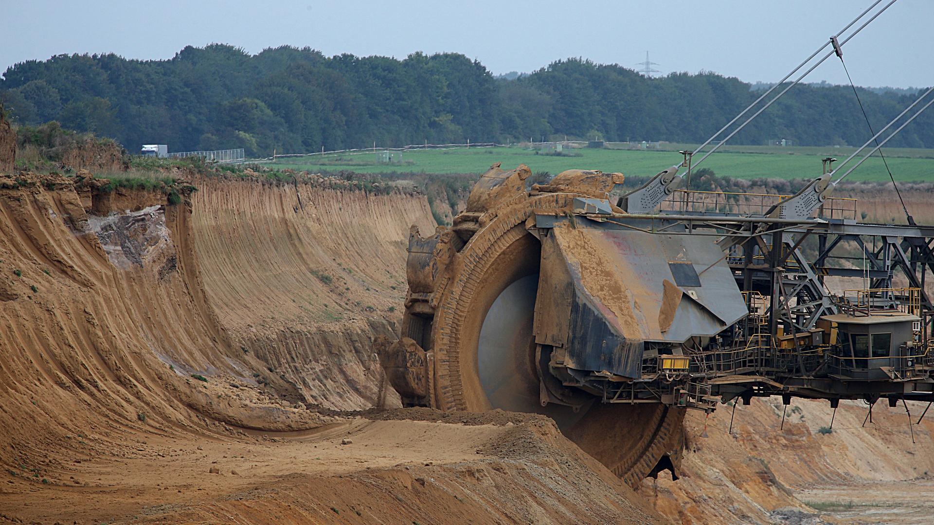 Ein Schaufelrad-Bagger gräbt Erde weg. Im Hintergrund ein Wald und Grasland