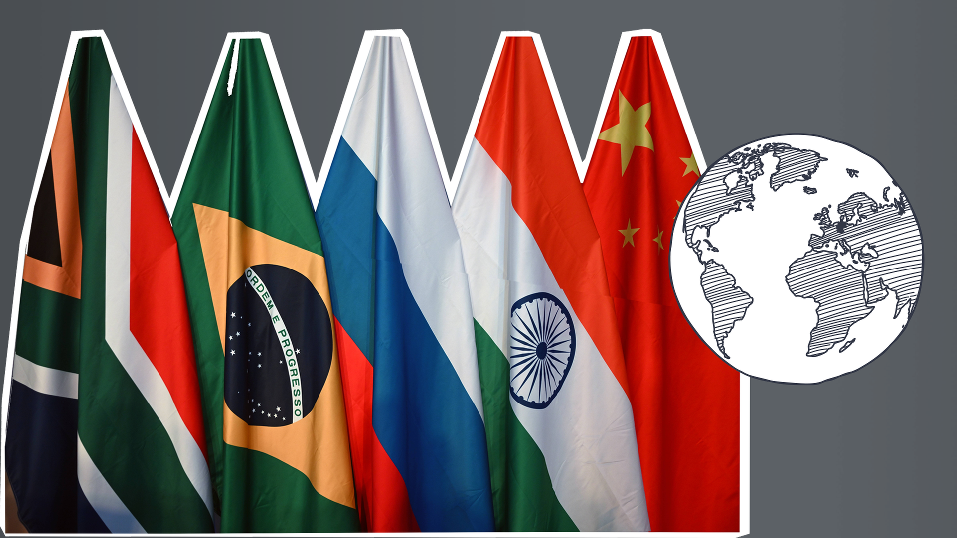Flaggen der fünf BRICS-Staaten