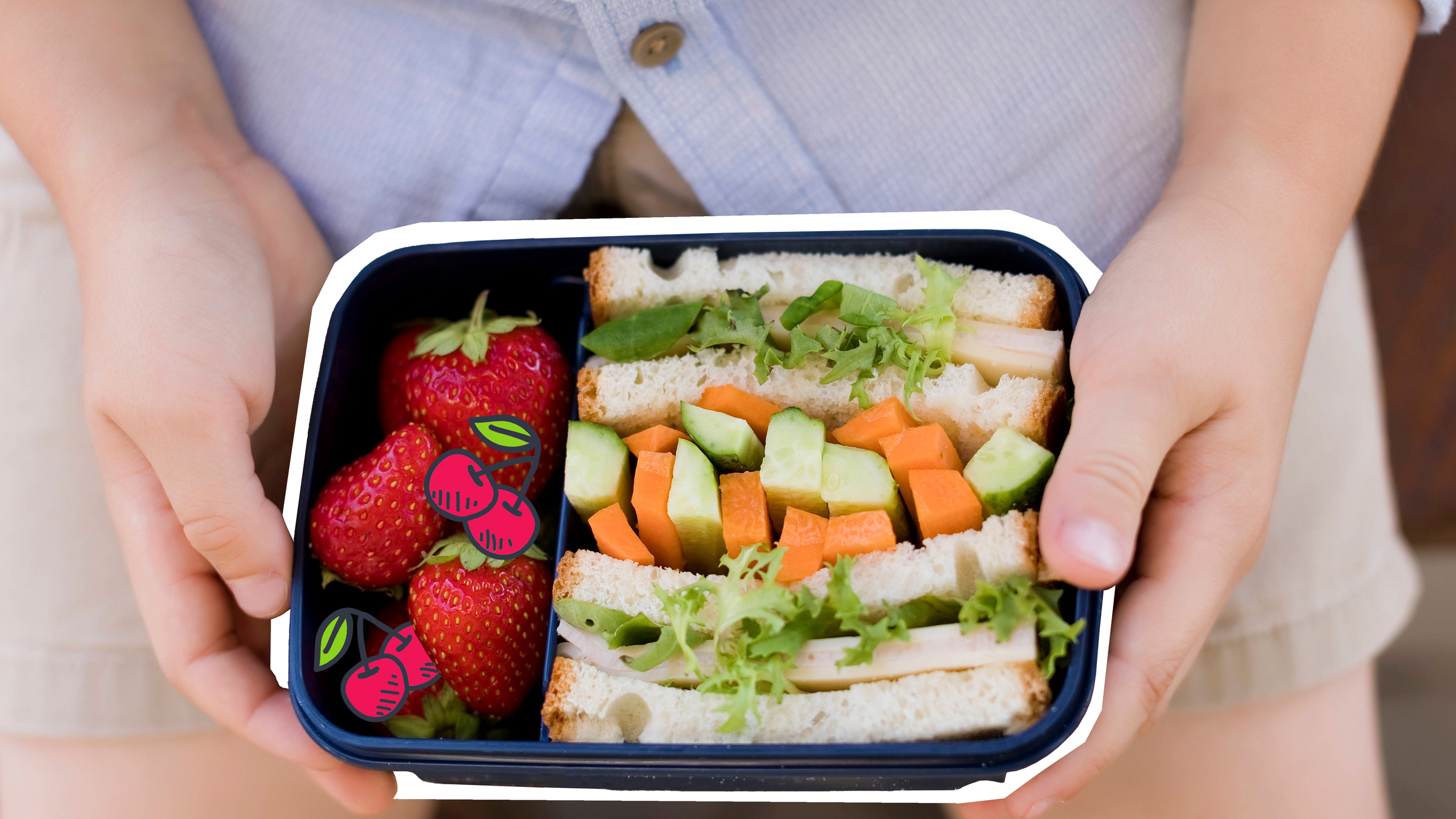 Man sieht eine Brotdose mit Obst und Broten, die ein Kind in der Hand hält.