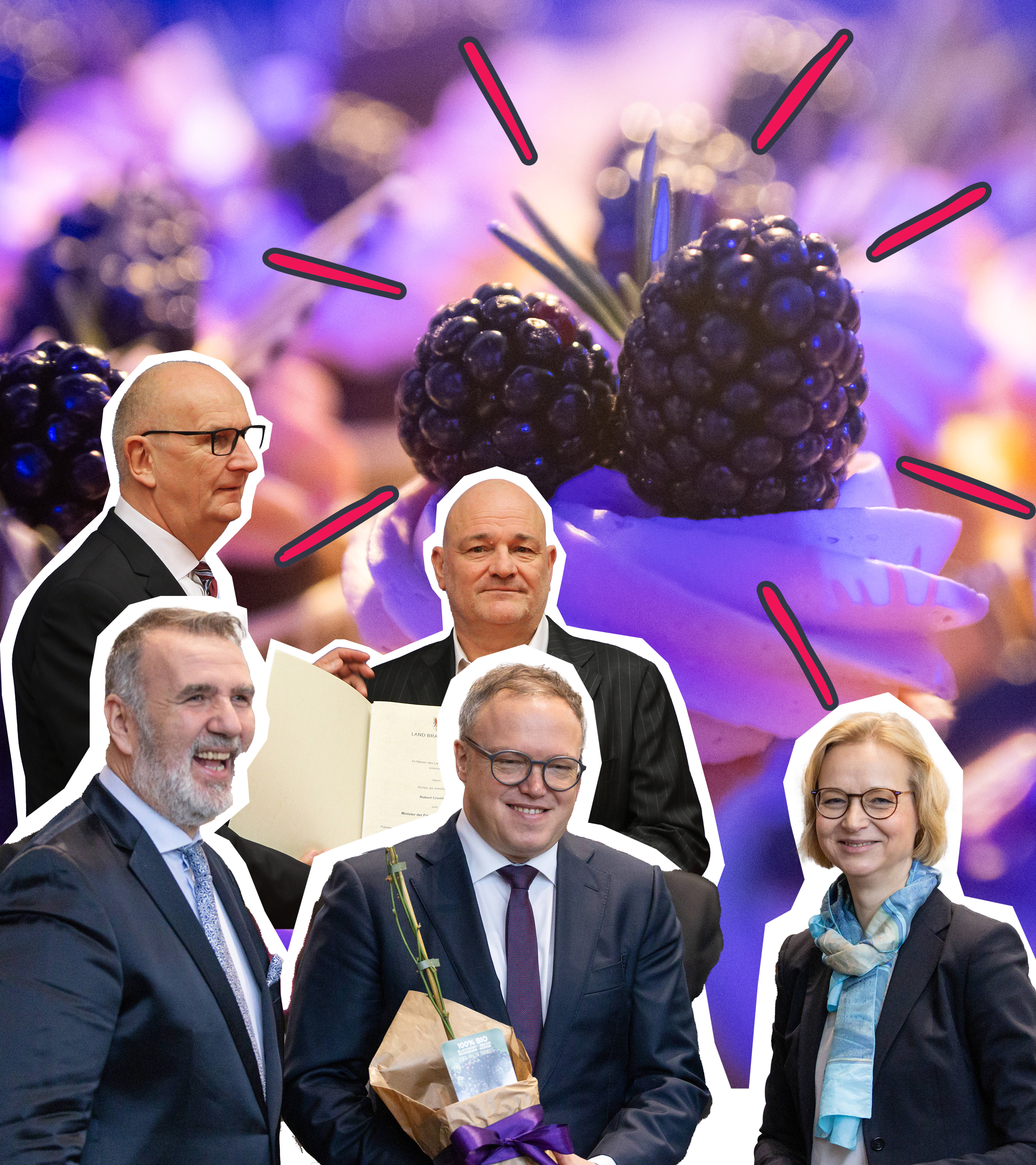 Politikerinnen und Politiker aus Thüringen und Brandenburg, im Hintergrund Brombeere.