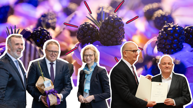 Politikerinnen und Politiker aus Thüringen und Brandenburg, im Hintergrund Brombeere.