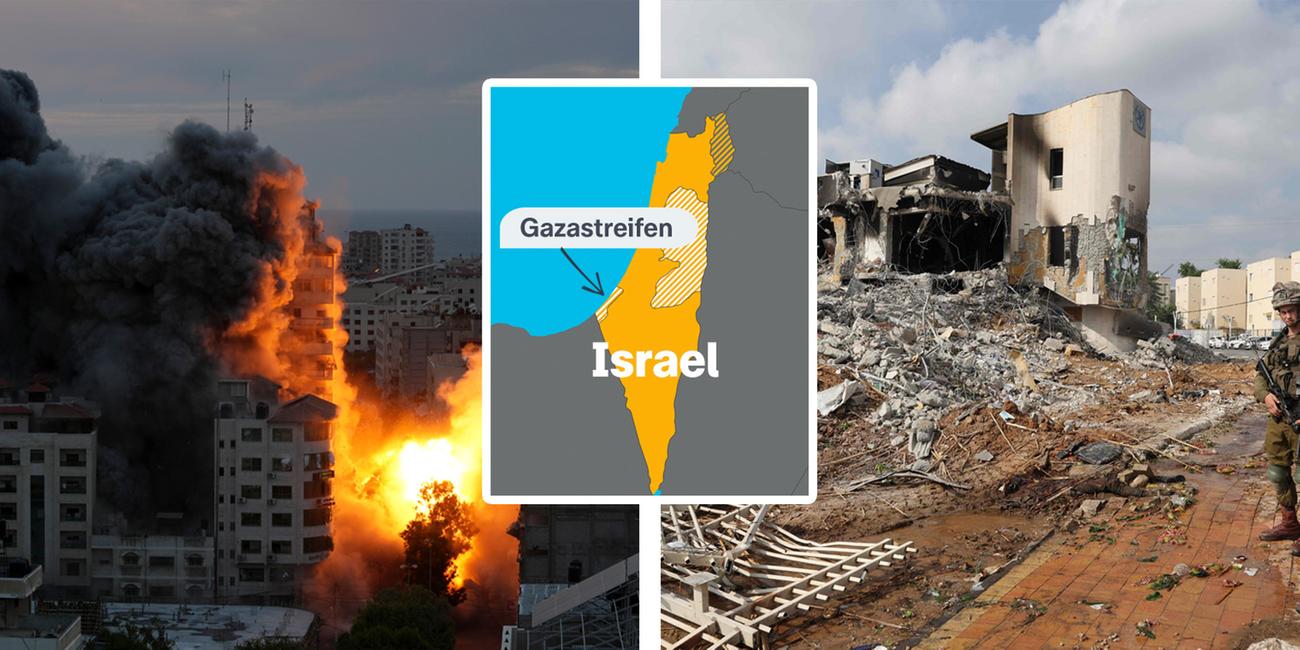 Rechte Seite: Explosion einer Rakete im Gaza-Streifen. Linke Seite: 2 Soldaten vor einem zerstörten Haus. In der Mitte eine Landkarte mit Israel nund dem Gaza-Streifen.