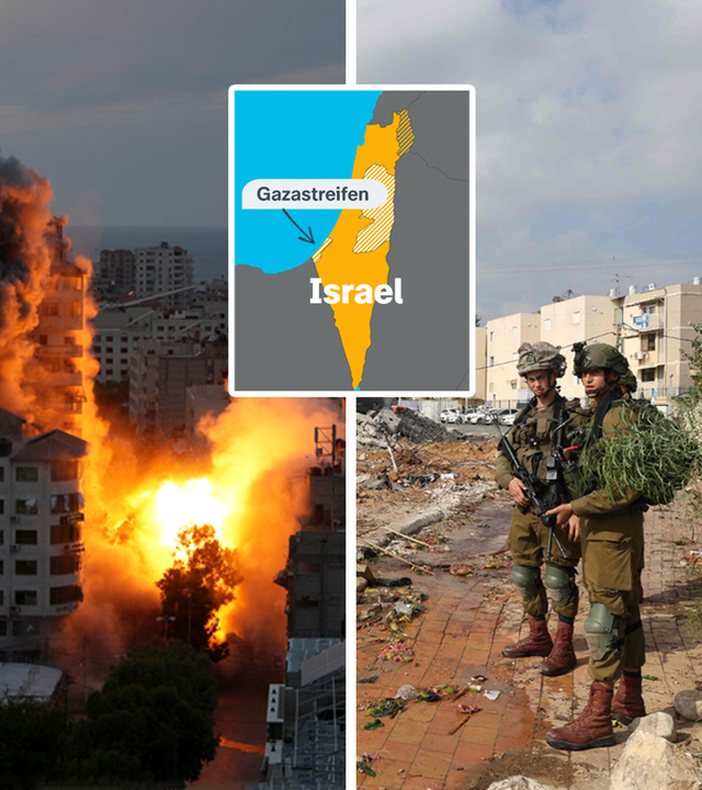 Rechte Seite: Explosion einer Rakete im Gaza-Streifen. Linke Seite: 2 Soldaten vor einem zerstörten Haus. In der Mitte eine Landkarte mit Israel nund dem Gaza-Streifen.