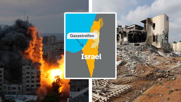 Rechte Seite: Explosion einer Rakete im Gaza-Streifen. Linke Seite: 2 Soldaten vor einem zerstörten Haus. In der Mitte eine Landkarte mit Israel nund dem Gaza-Streifen.