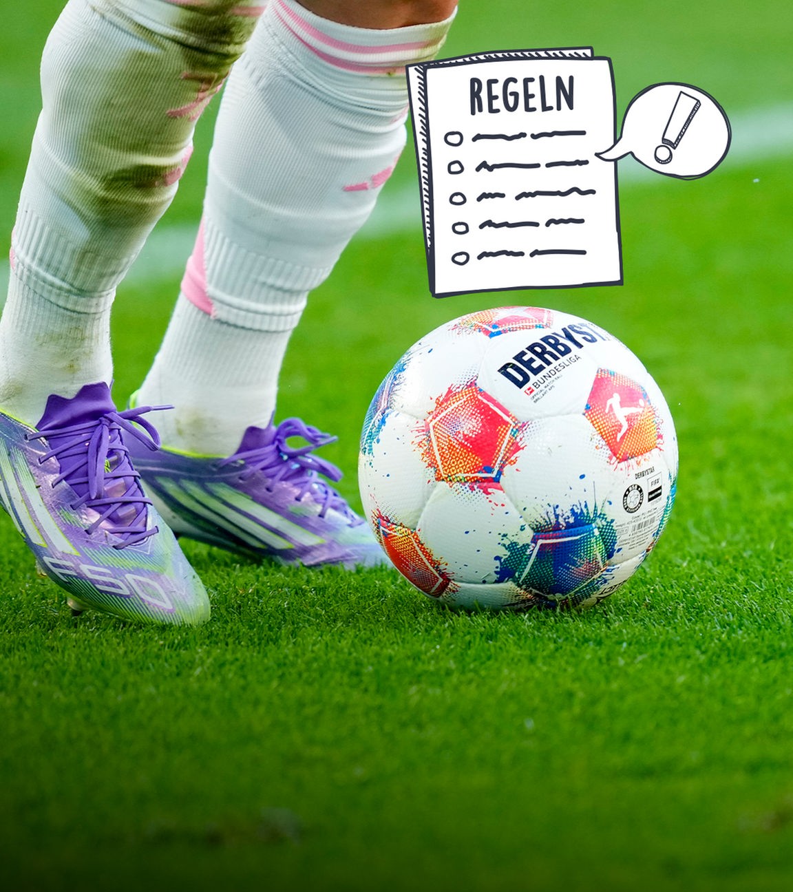 Fußballbeine kicken gegen Ball auf Fußballrasen, daneben grafischer Regelzettel mit Ausrufezeichen-Sprechblase
