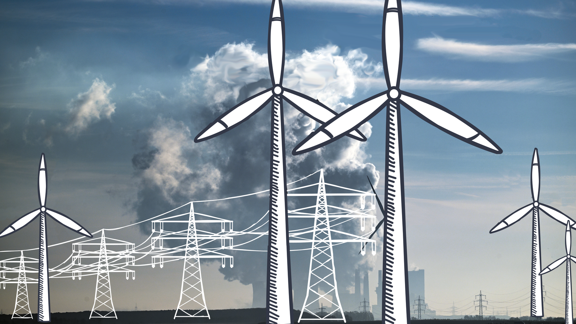 Windkrafträder im Vordergrund. Im Hintergrund steigt Rauch aus dem Braunkohlekraftwerk Neurath auf.
