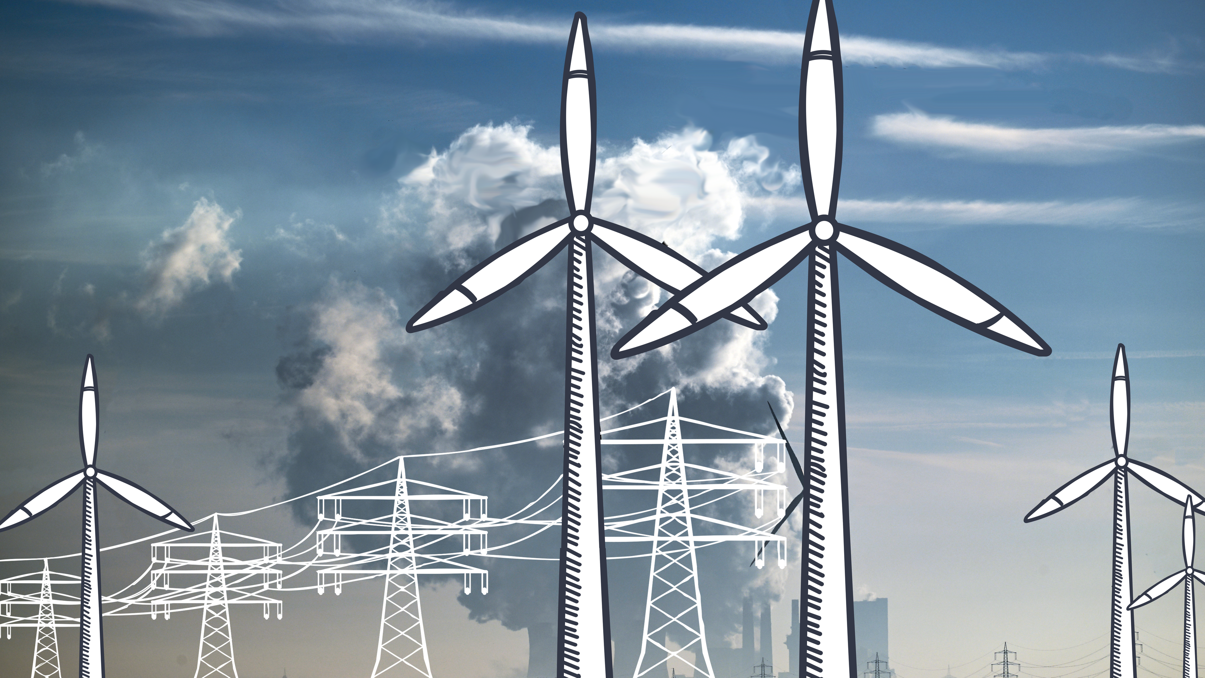 Windkrafträder im Vordergrund. Im Hintergrund steigt Rauch aus dem Braunkohlekraftwerk Neurath auf.