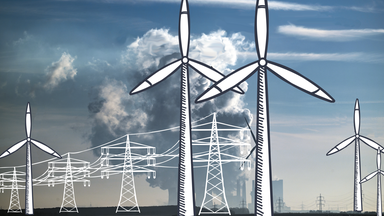 Windkrafträder im Vordergrund. Im Hintergrund steigt Rauch aus dem Braunkohlekraftwerk Neurath auf.