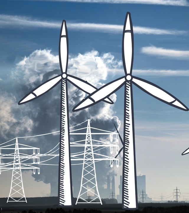 Windkrafträder im Vordergrund. Im Hintergrund steigt Rauch aus dem Braunkohlekraftwerk Neurath auf.