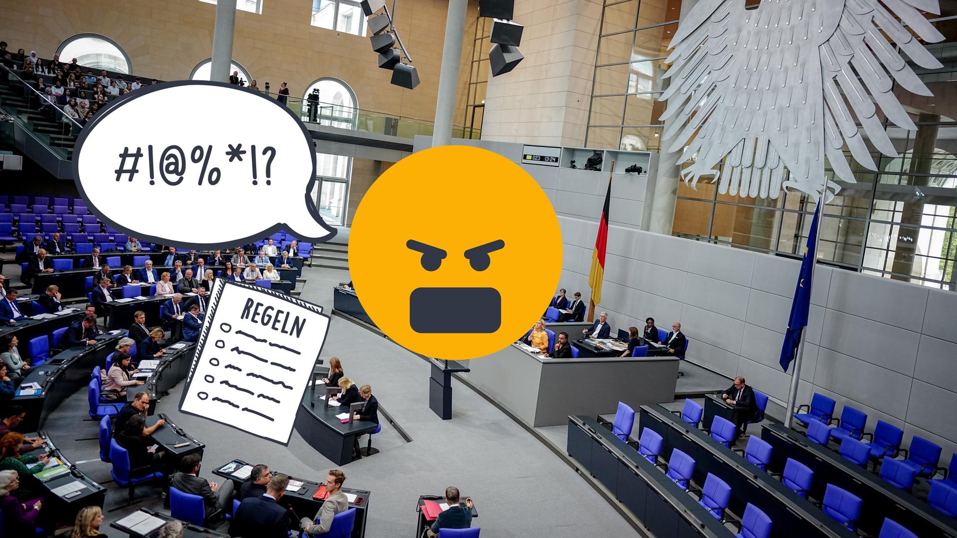 Ein wütender Emoji stößt fiese Sprache aus. Links daneben ist ein Papier mit Regeln