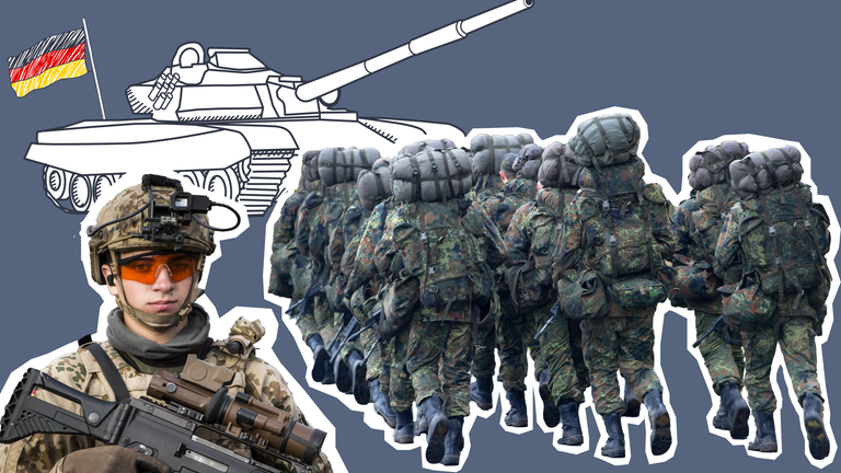 Bundeswehr Soldat, Soldaten ind Grundausbildung, Panzer und Fahne