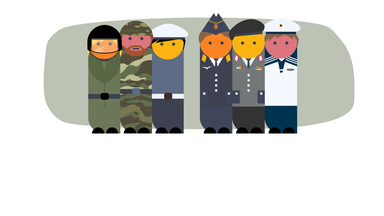 Bundeswehrsoldaten mit deutscher Flagge, daneben ein Schiff, ein Flugzeug und ein Panzer
