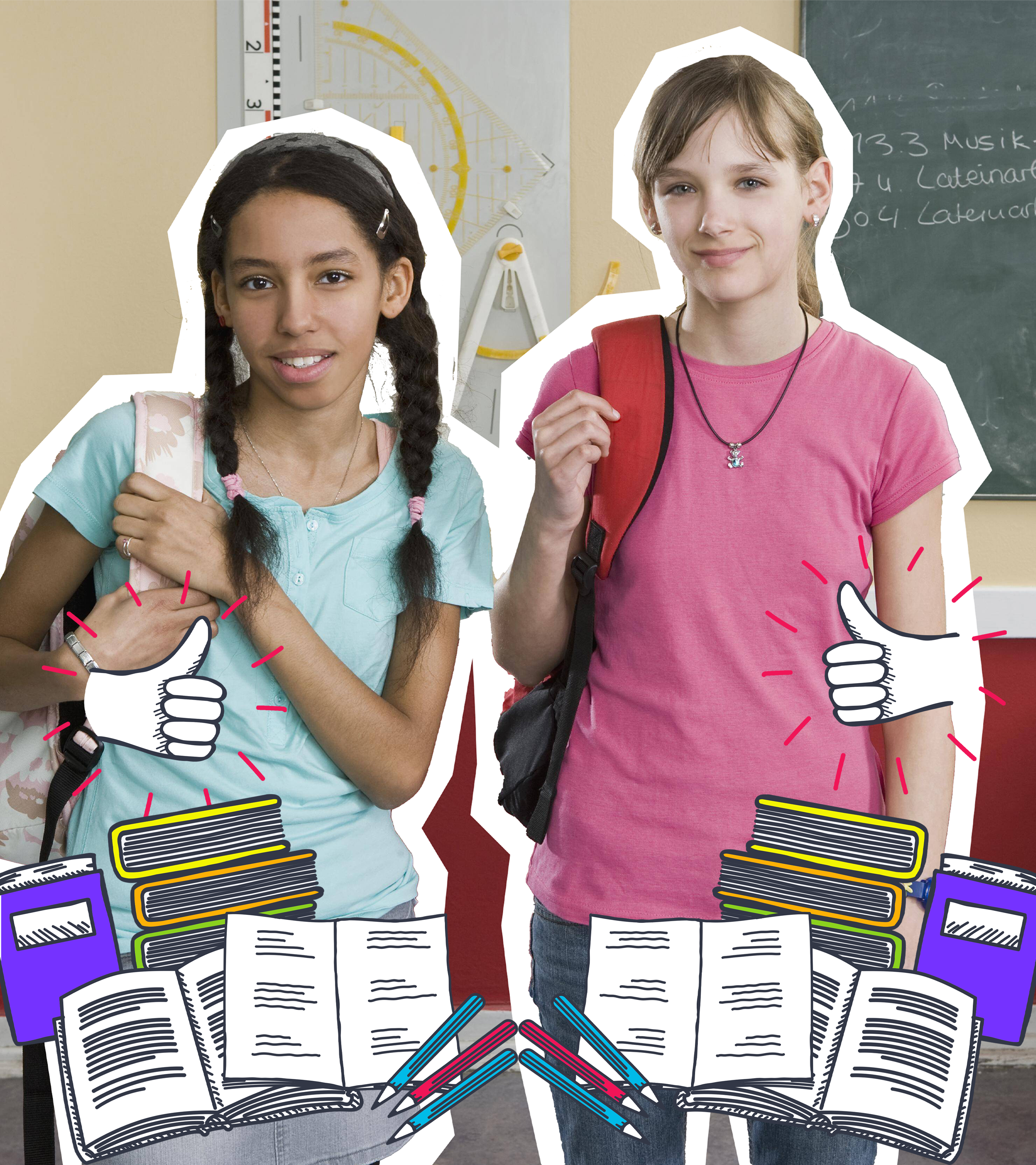 Zwei Schulmädchen mit Schulmaterial-Grafiken und zwei Daumen hoch in einem Klassenraum
