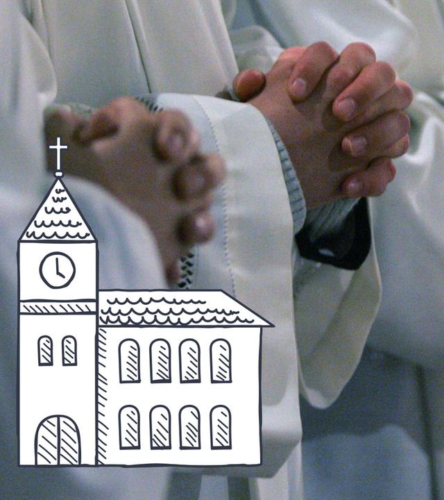 Betende Hände, Menschen tragen weiße Gewänder, eine Kirchen- und Bibel-Grafik