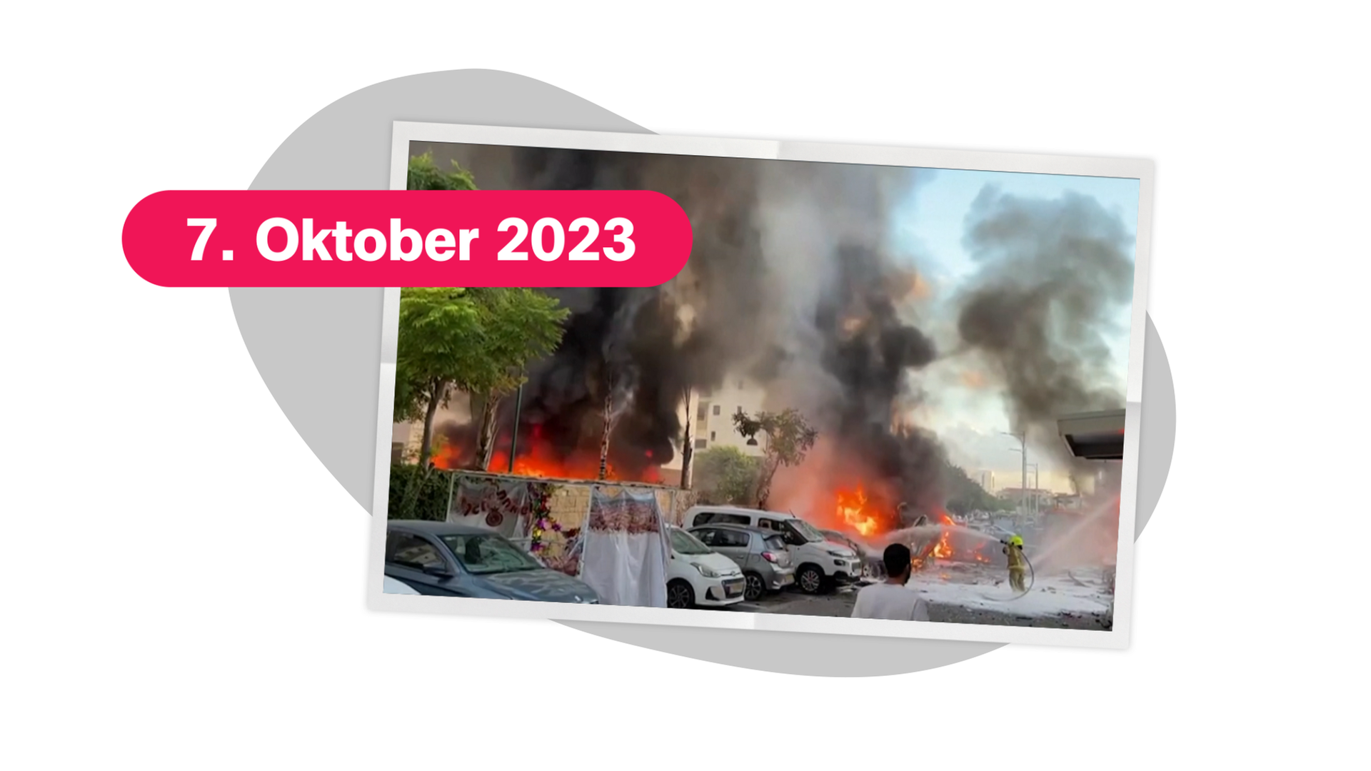 Auf dem Bild ist ein Foto einer Straße zu sehen auf der ein brennendes Auto steht. Im Hintergrund ist viel Rauch zu erkennen. In einem roten Kästchen steht 7. Oktober 2025.