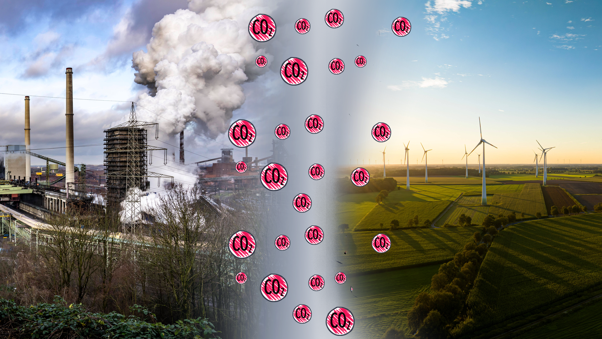 EIne Fabrik geht über in eine grüne Landschaft mit WIndrad, Grafik von CO2.