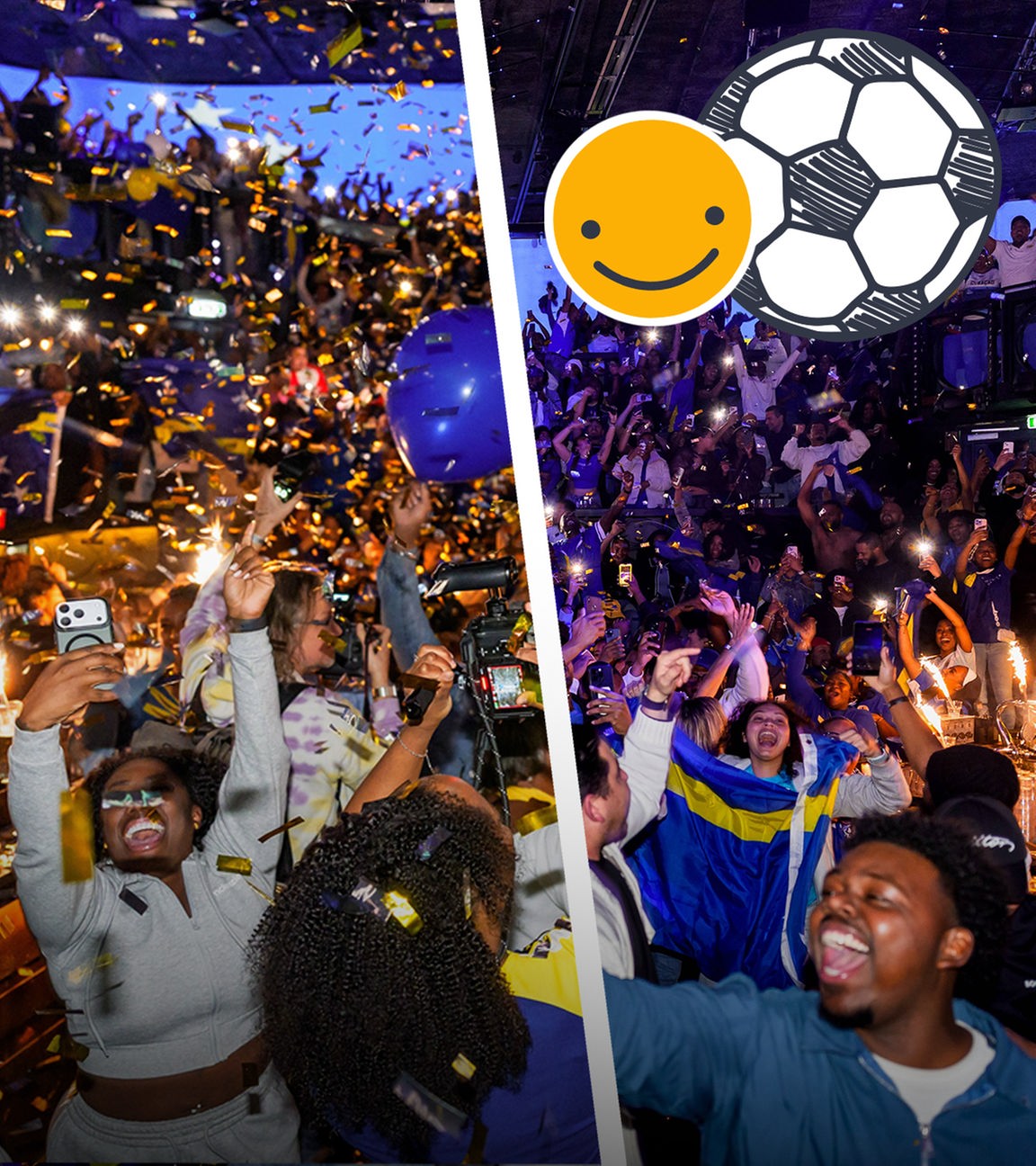 Party, Konfetti, viele Menschen, die feiern; ein Fußball-Sticker und ein glückliches Emoji.