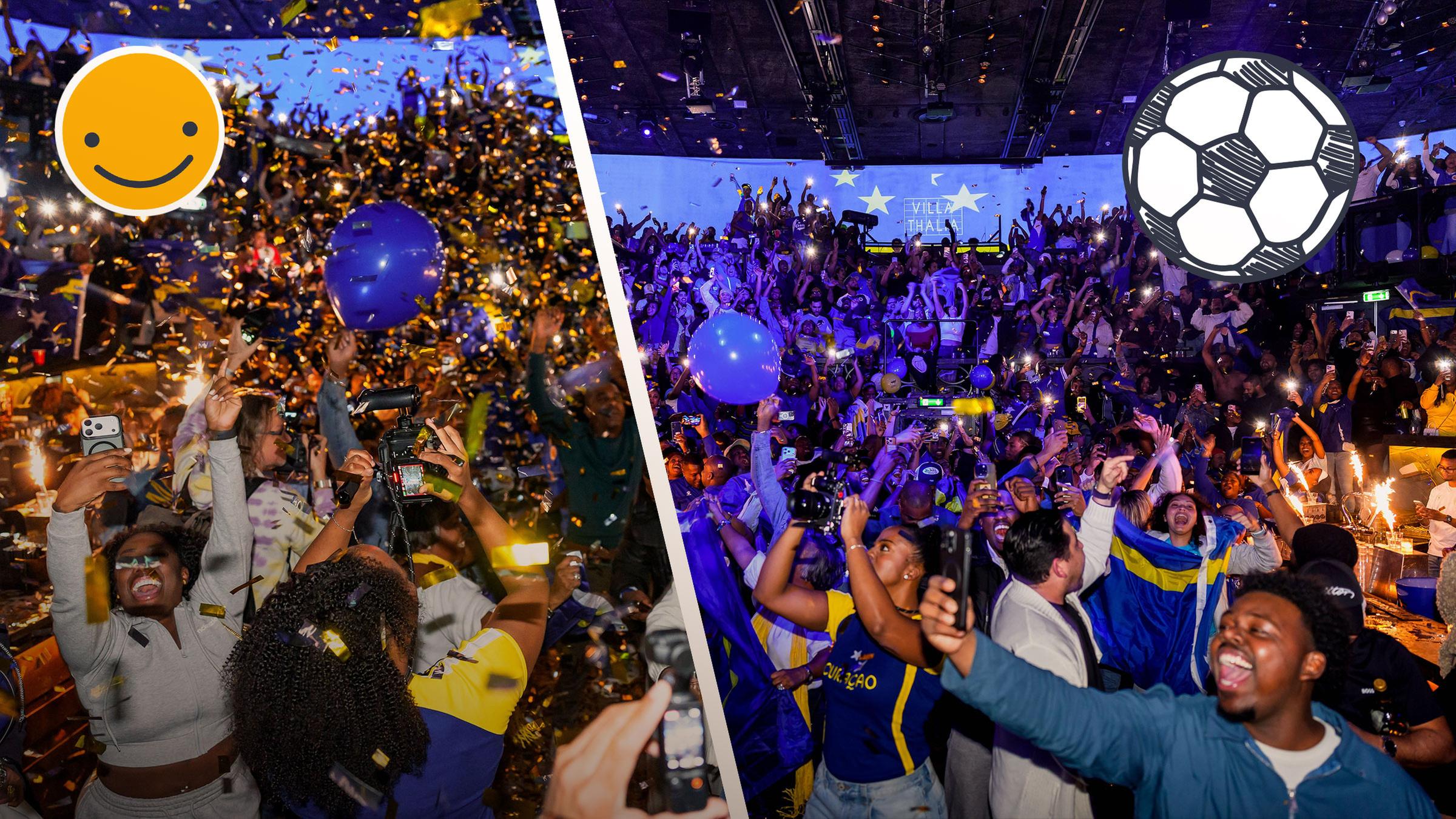 Party, Konfetti, viele Menschen, die feiern; ein Fußball-Sticker und ein glückliches Emoji.