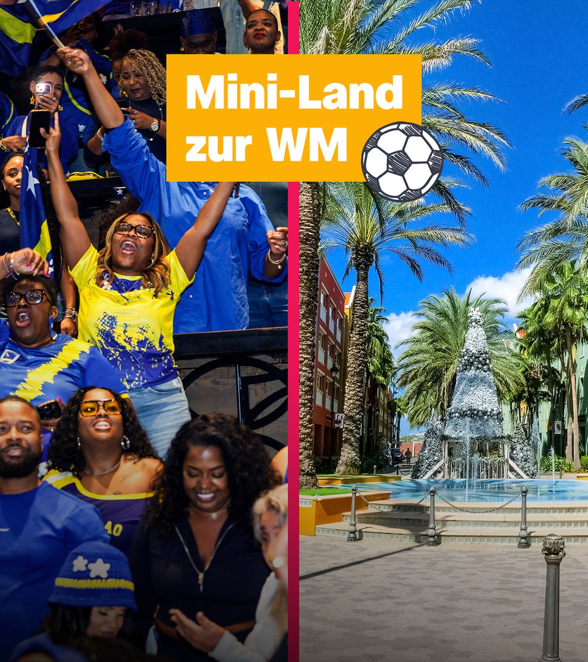 Jubelnde Menschen und Palmen