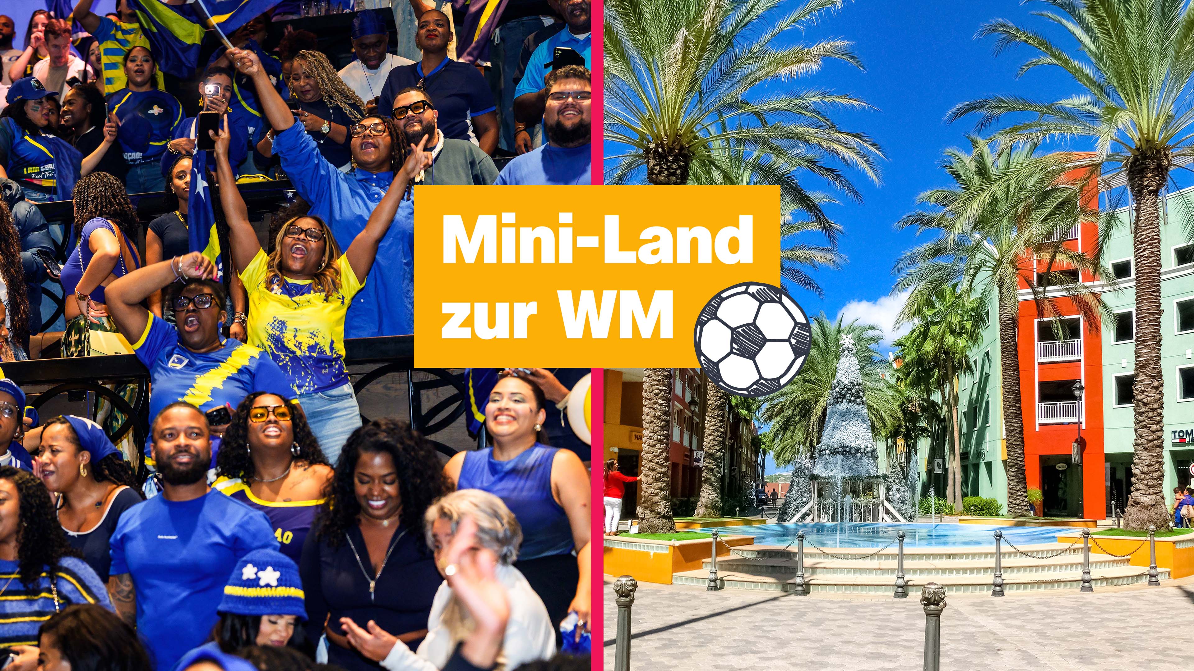 Jubelnde Menschen und Palmen