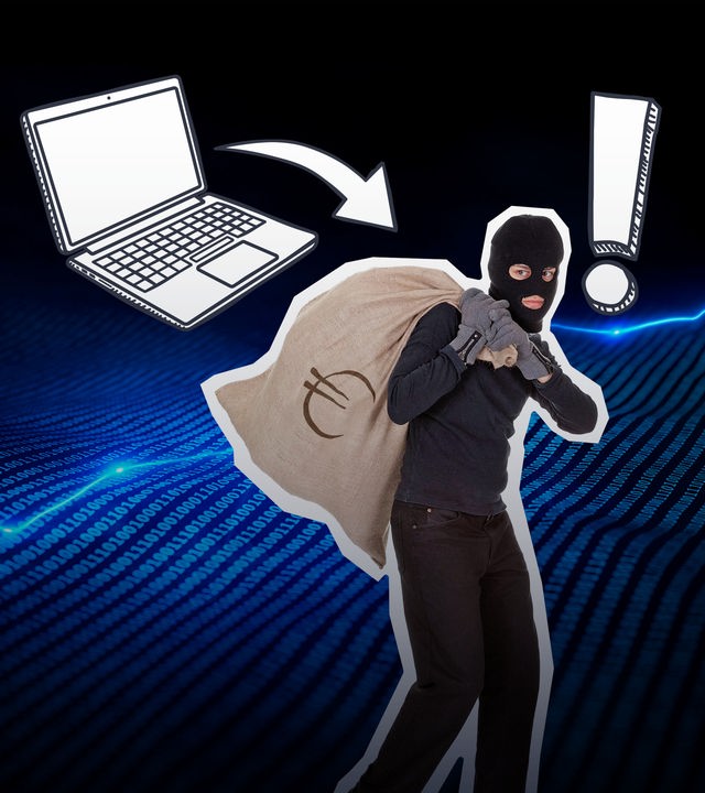Collage: Räuber mit Maske und Geldsack mit Eurozeichen auf Rücken vor Computerhintergrund, daneben grafischer Laptop und Ausrufezeichen