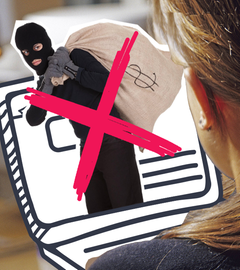 durchgestrichener Interneträuber, Mädchen vor Laptop, Gühbirne und Ausrufezeichen