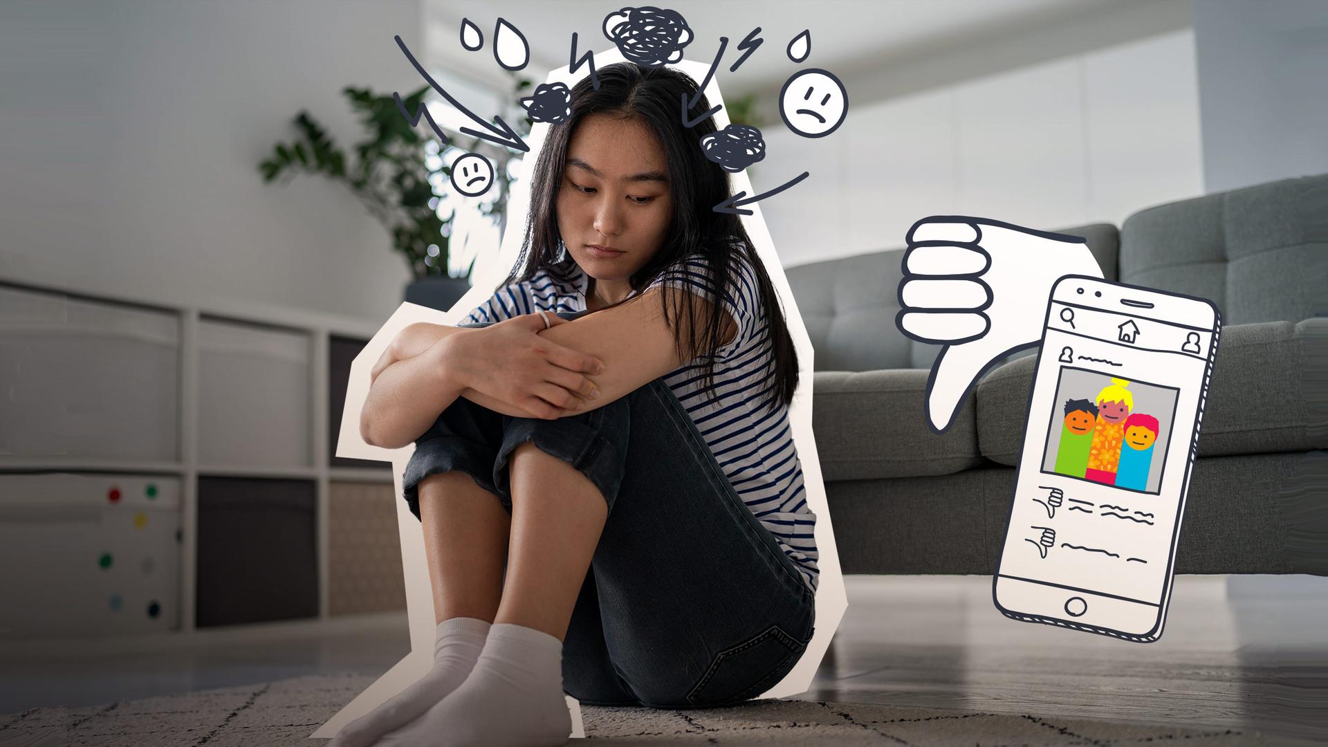 Jugendliche sitzt traurig im Wohnzimmer, Handy und Daumen runter als Grafik
