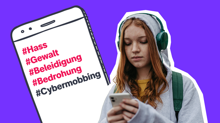Mädchen mit Handy und ein grafisches Handy mit Hashtags #Hass #Gewalt #Beleidigung #Bedrohung #Cybermobbing.