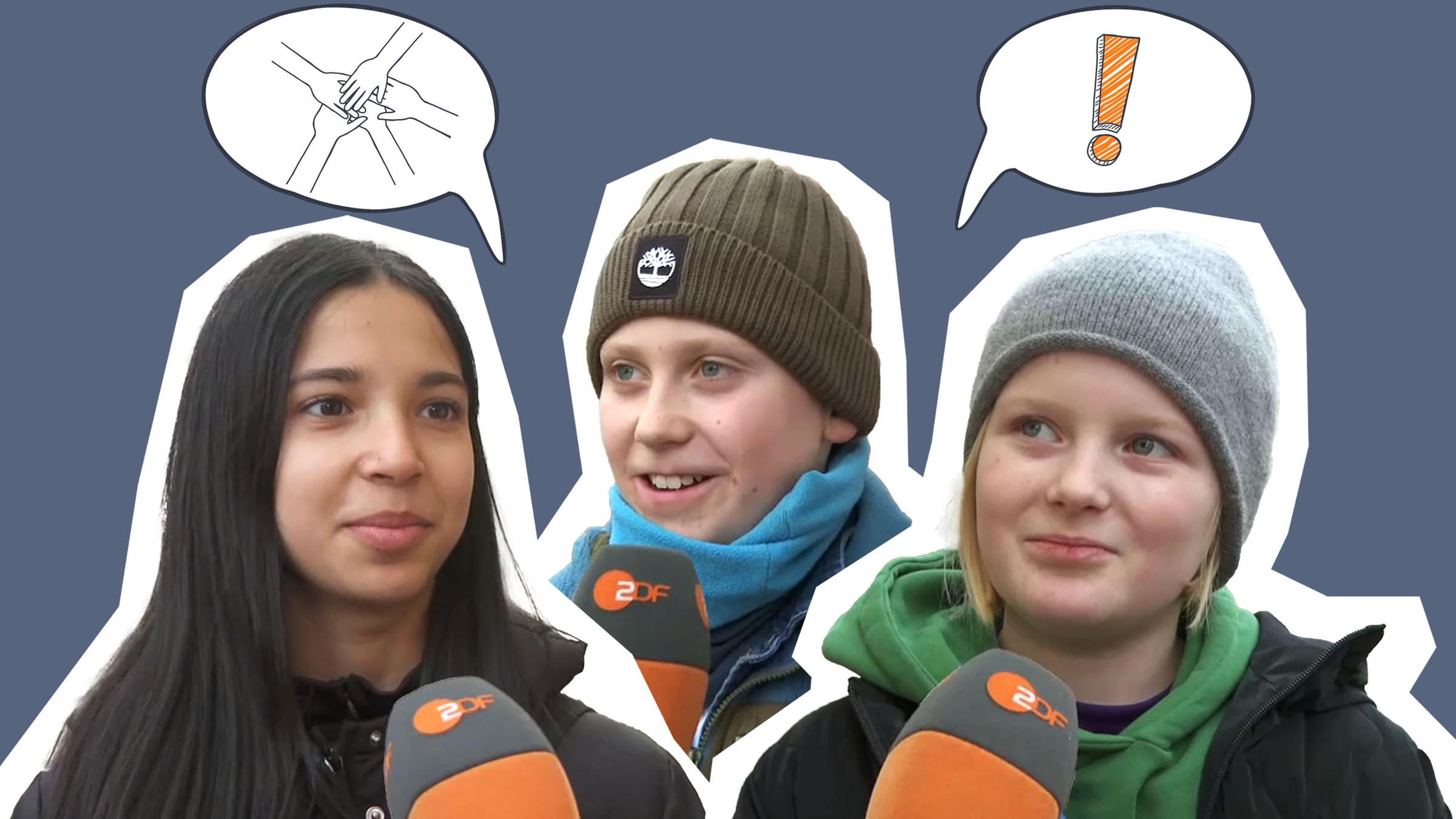 Drei Kinder mit zwei Sprechbalsen, in denen ein orangenes Ausrufezeichen und Hände zu sehen sind.