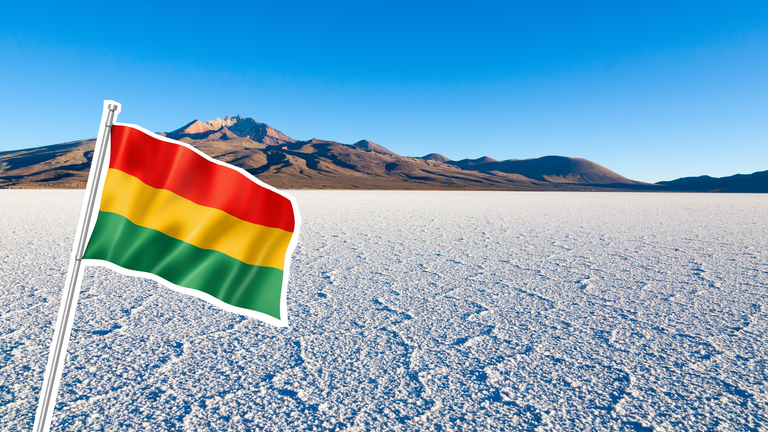 Bolivische Flaggen und eine Salzwüste mit Bergen im Hintergrund