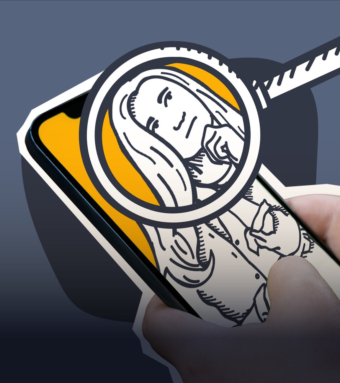 Handy mit Bild einer Frau und einer Lupe
