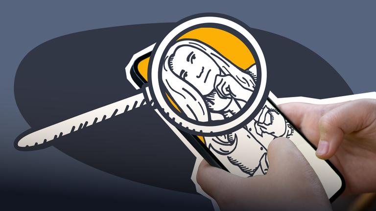 Handy mit Bild einer Frau und einer Lupe