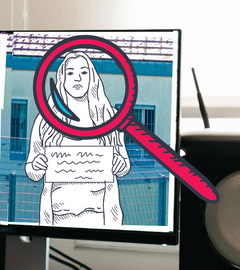 Junge vor dem PC, zwei Bilder, eines davon gefaket, große Lupe