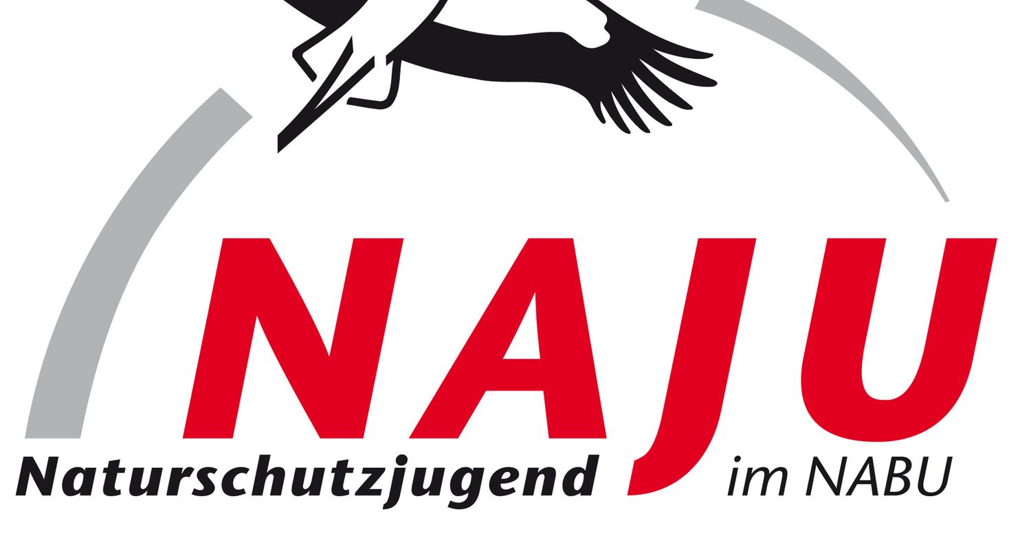 Auf dem Foto sieht man das Logo des NAJU. Man sieht "NAJU" in fetter, roter Schrift unten auf dem Bild. Darunter steht "Naturschutzjugend im NABU" in kleiner und in schwarz geschrieben. Darüber fliegt ein Storch in einem Halbkreis über die Buchstaben drüber. Der Hintergrund ist weiß. 
