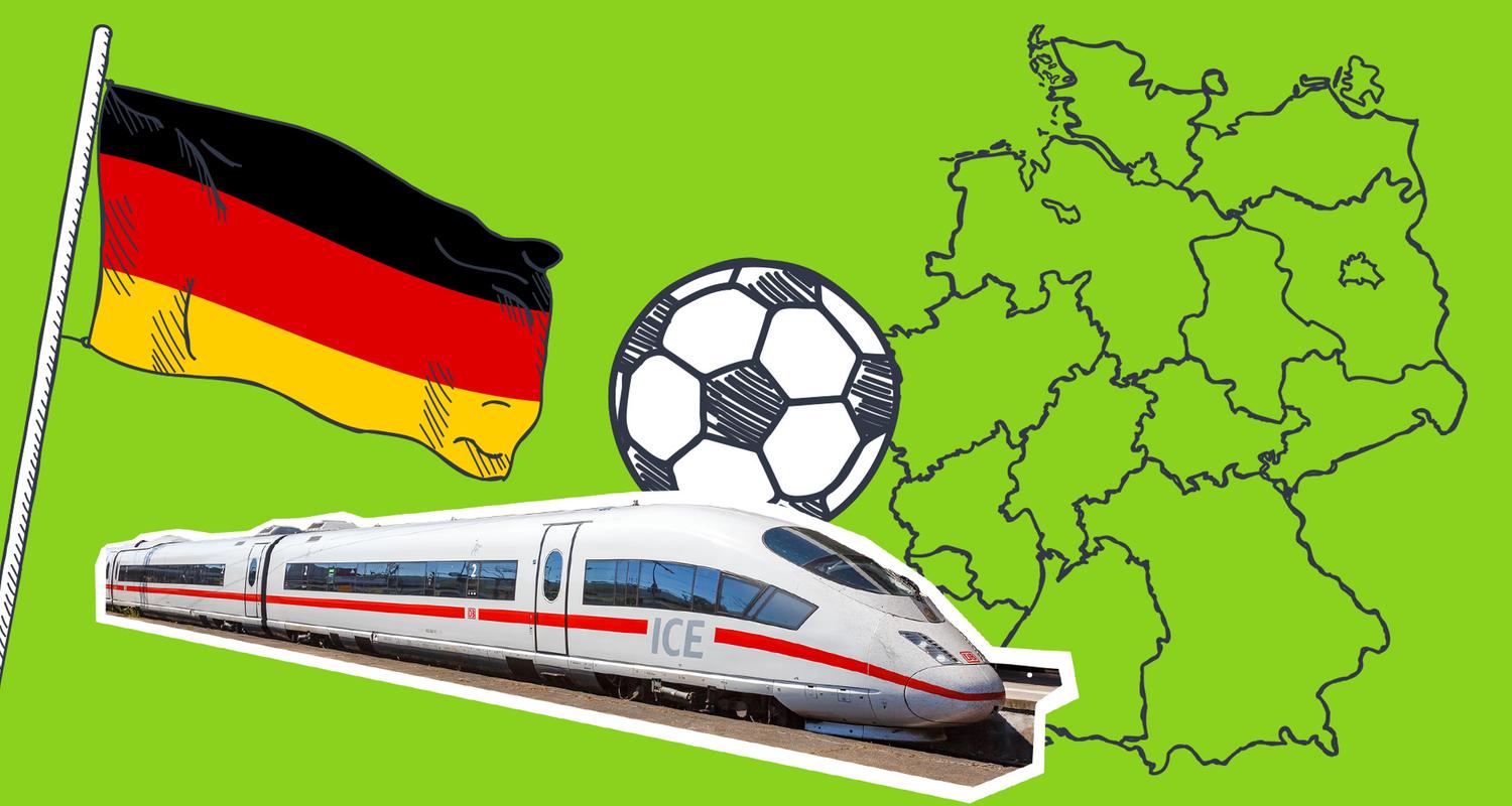 Eine Collage aus einer Deutschlandflagge, der Deutschlandkarte, einem Fußball und einem ICE.
