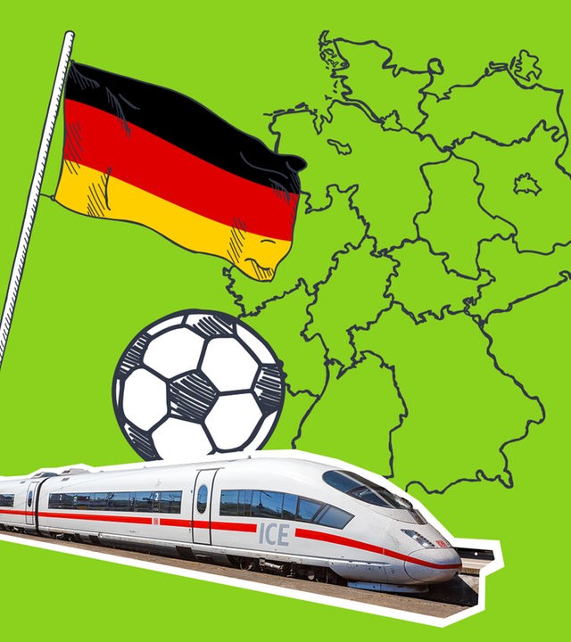 Eine Collage aus einer Deutschlandflagge, der Deutschlandkarte, einem Fußball und einem ICE.