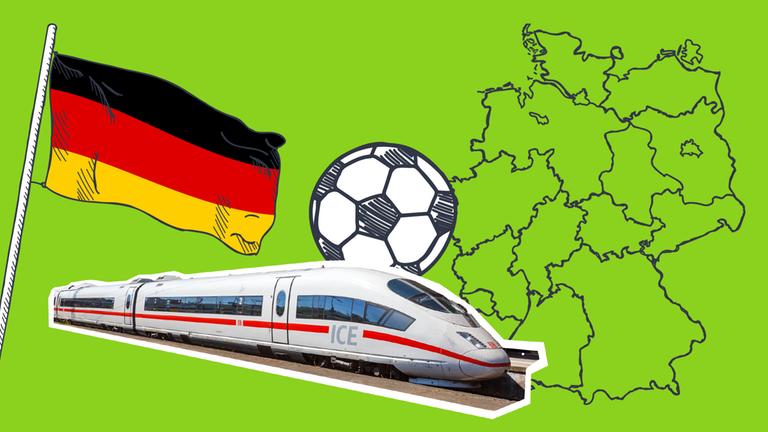 Eine Collage aus einer Deutschlandflagge, der Deutschlandkarte, einem Fußball und einem ICE.