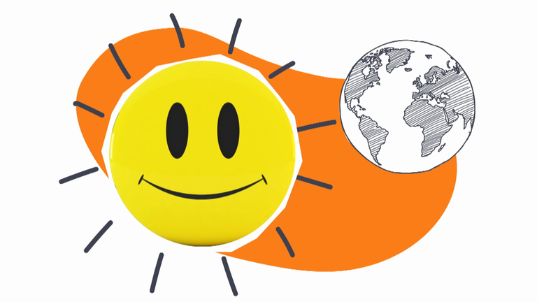 Eine Sonne mit Smiley-Gesicht scheint neben einer gezeichneten Erdkugel. Dahinter ist ein orangener Klecks zu sehen.