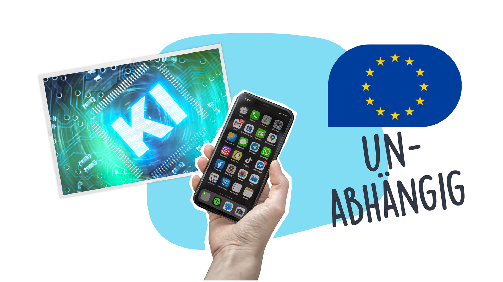 Ein Smartphone; ein Bild, auf dem KI steht und die EU-Flagge