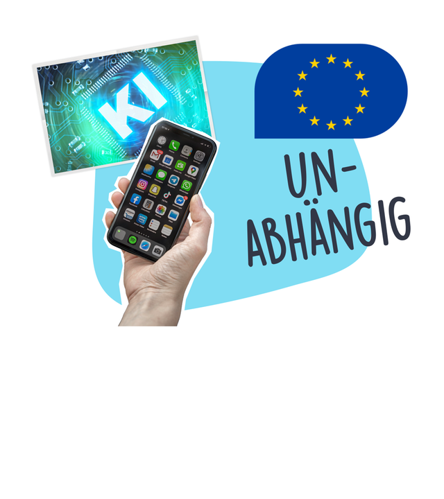 Ein Smartphone; ein Bild, auf dem KI steht und die EU-Flagge