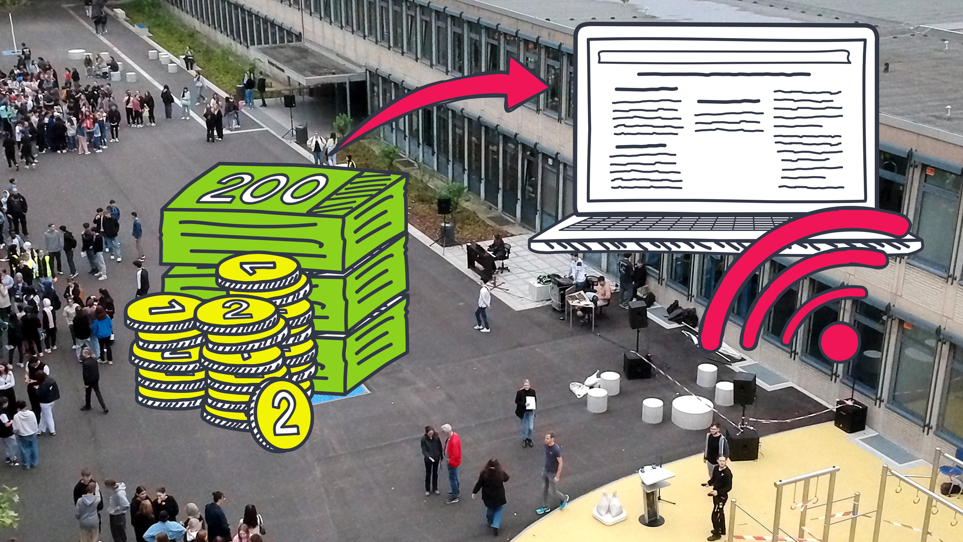 Ein Schulhof, Geld, und Laptop und Wlan